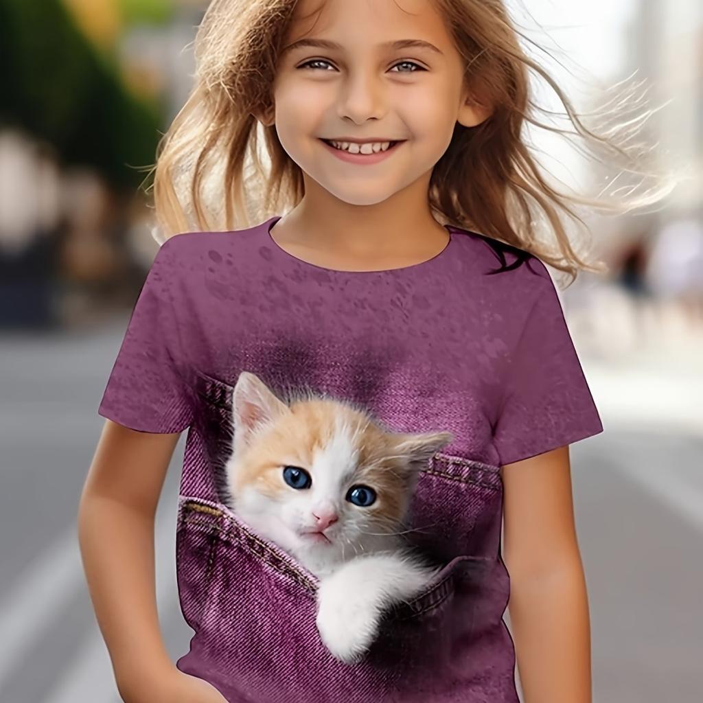 Camiseta de Manga Corta con Cuello Redondo y Gráfico de Gato 3D - Regalo de Verano para Super Chicas Actividades al Aire Libre y Moda Cotidiana