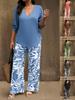 Women's V-Neck Mid Sleeve Top and Printed Wide Leg Pants Set