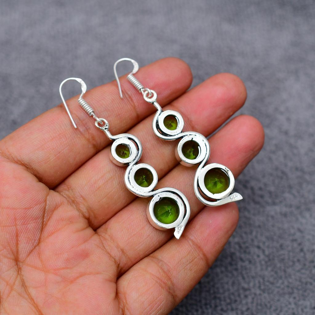 Peridot Gemstone : 925 Sterling Silver Handmade Long Earring's Jewelry
