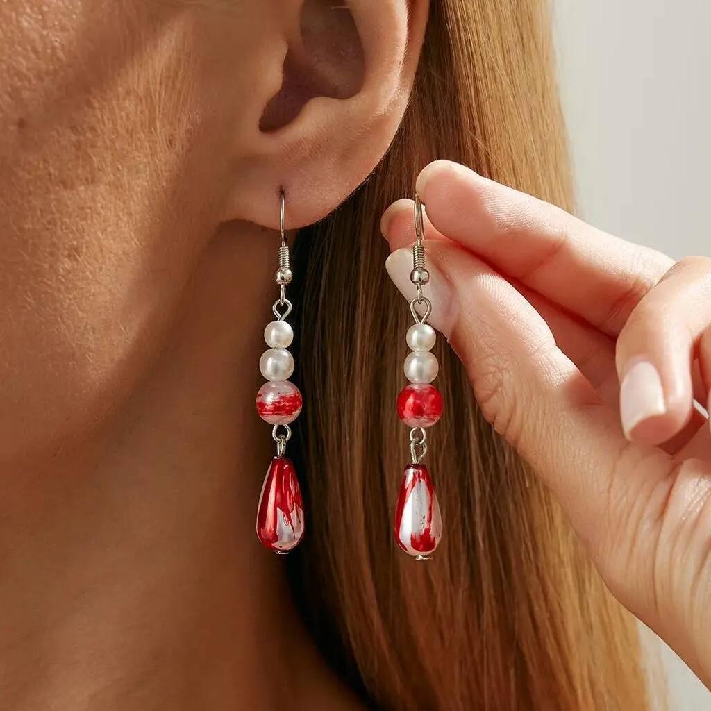 Ingemark Halloween Red Crystal Water Drop Pendant Earrings for Women Elegant Imitation Pearl Tassel Drop Earring Party Jewelry