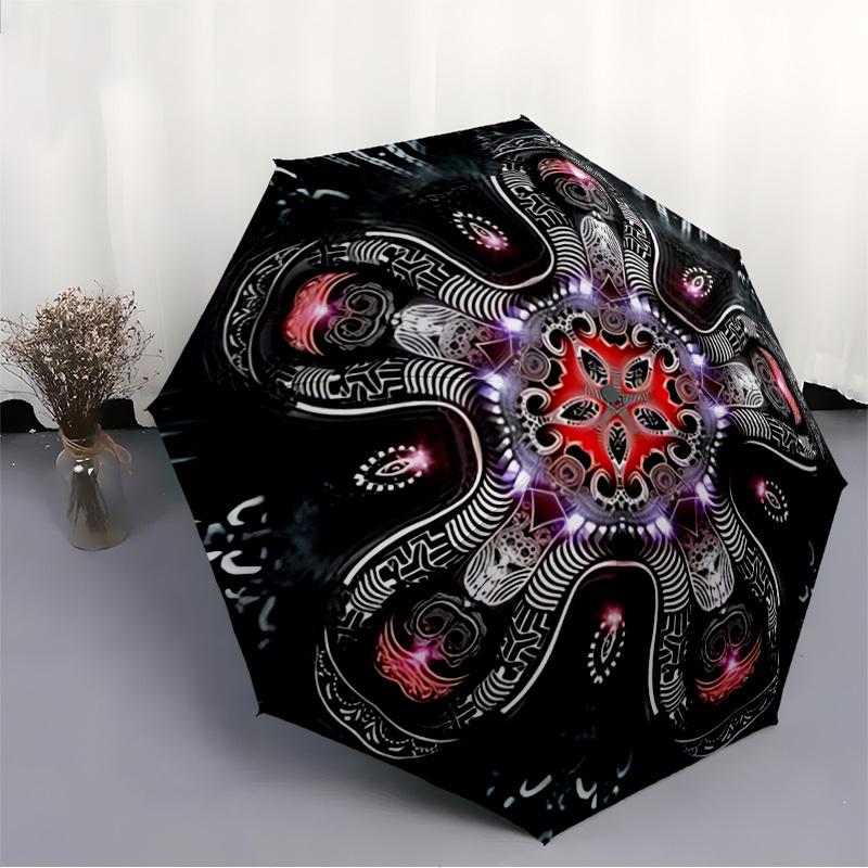 1PC Psychedelic Mandala Automatic Open/close Umbrella with 8-Rib Structure for Women/Men, All-Season Use - Travel Essential, Stylish Accessory, Highqu