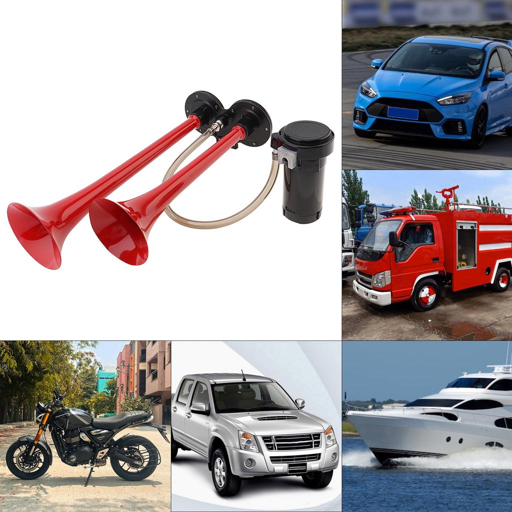 12V 150dB Super Loud Dual Trumpet Air Horn with Compressor - Red Musical Sound for Trucks, Lorry, Trains, Boats, Cars, Van & Ship