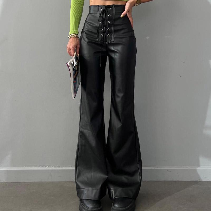 Pantaloni a zampa d'elefante in pelle con fasciatura sexy alla moda da donna, a vita alta, con cerniera, pantaloni autunnali femminili