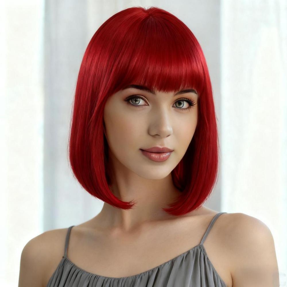 Synthetische kurze schwarzbraune blonde Perücken mit Pony für Damen, natürliche orange, pink, grau, gelbe Wellenhaare für tägliches Cosplay, Hochtemperaturfaser