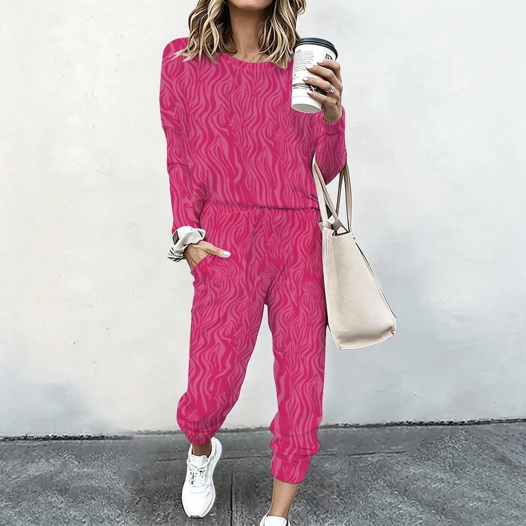 Women Long Sleeve Loose Blouse And Elastic Waist Straight Trousers Two Piece Soft Leisure Clothing