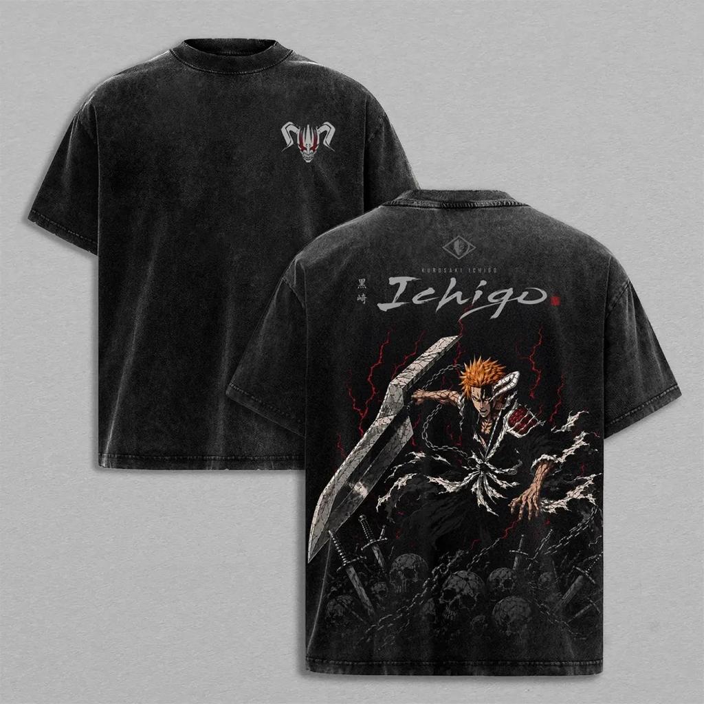 Bleach Ichigo Kurosaki Anime Unisex Washed T-Shirt Oversized Men Women Streetwear High Quality Pure Cotton Short Sleeved Female Male Clothing