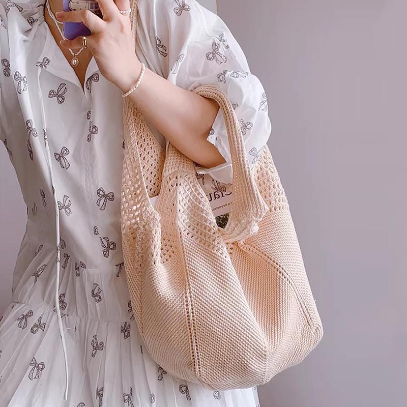 Yogodlns Casual Hollow Women Shoulder Bag Solid Color Large Capacity Summer Woven Beach Bag Foldable Handmade Crochet Tote Bag