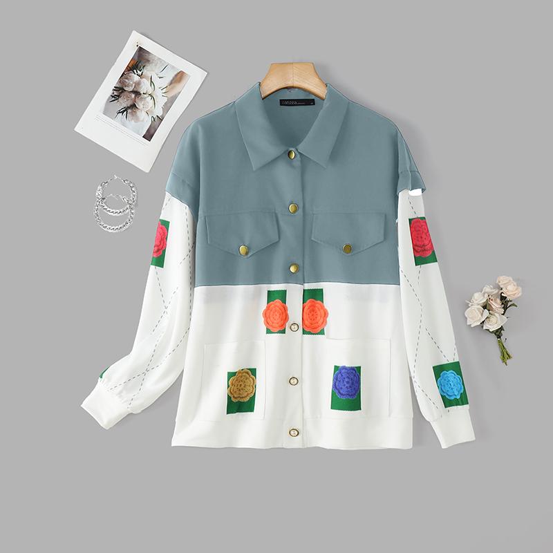 ZANZEA Women Turn Down Collar Long Sleeve Patchwork Blouse