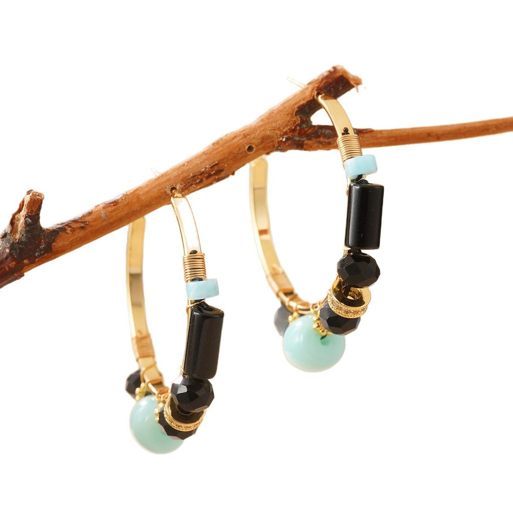 Retro new Chinese natural stone beaded earrings collection handmade design national style oil painting temperament earrings