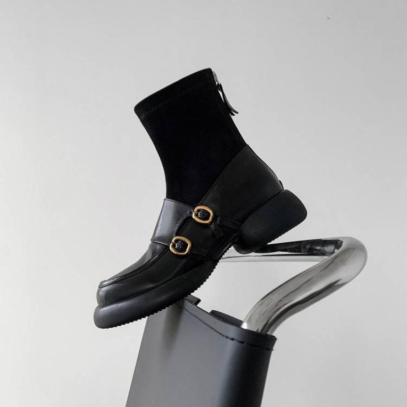 

New women s leather boots solid color leather large size women s boots rubber thick sole medium heel versatile round head cowhide low boots women 39 чорний