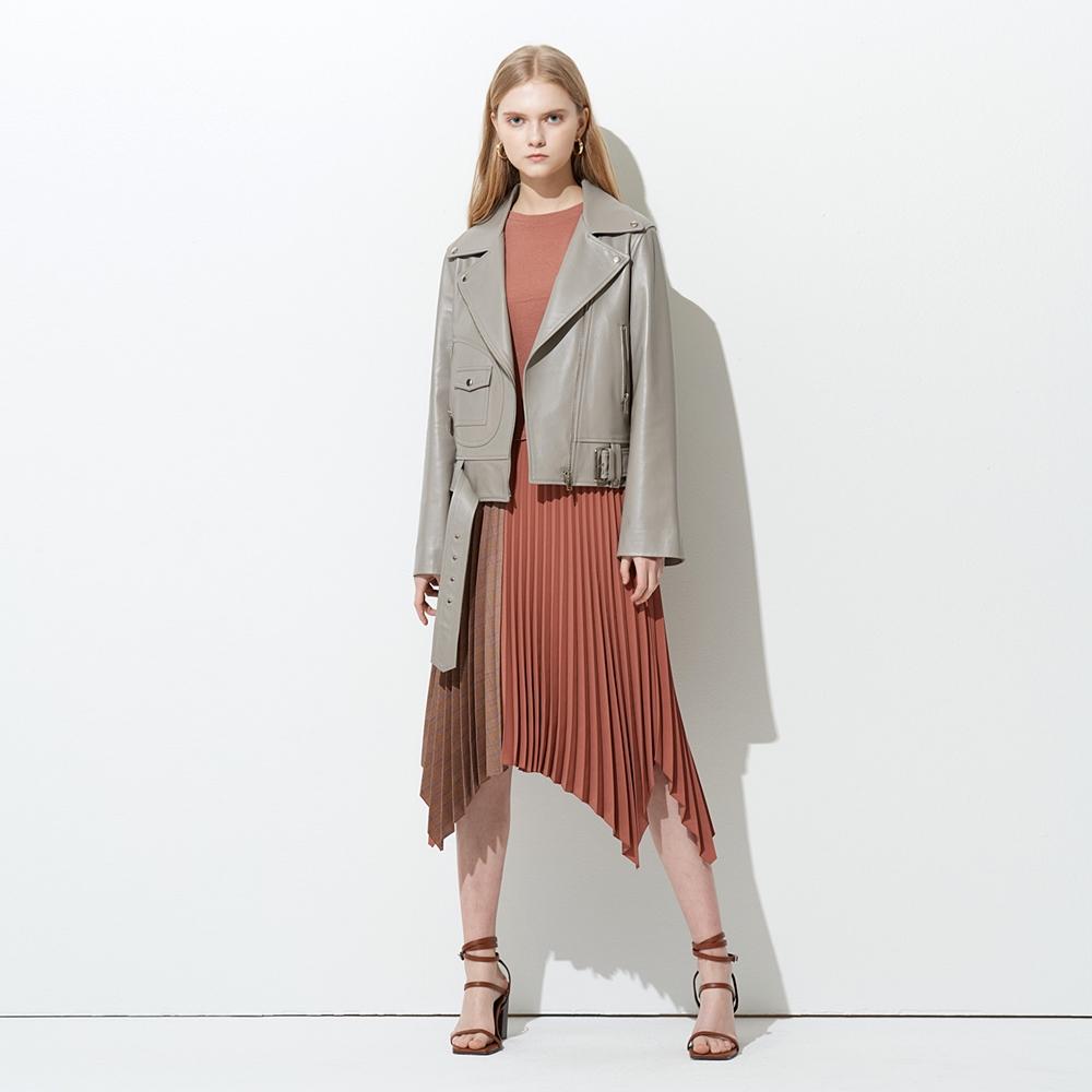Pin Black Check Mix Pleats Skirt Camel