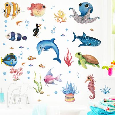 Cartoon Marine Wandaufkleber für Kinderzimmer Badezimmer Fliesenaufkleber Oktopus Meeresschildkröte Fisch Aufkleber Wohndekoration