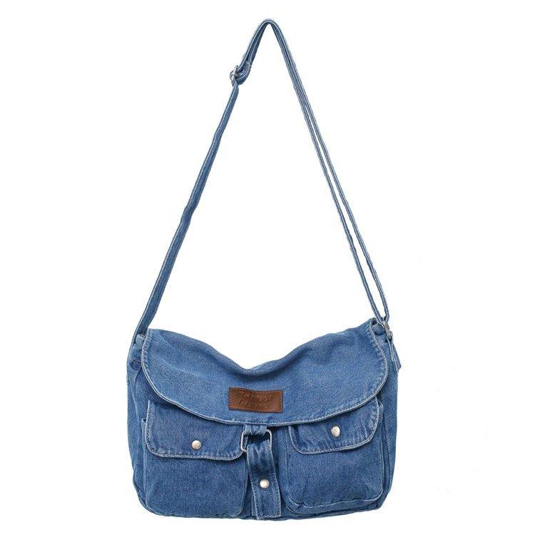 

Hong Kong style literary denim bag women s summer 2025 new fashion multi-pocket messenger bag Japanese and Korean students class big bag светло-синий