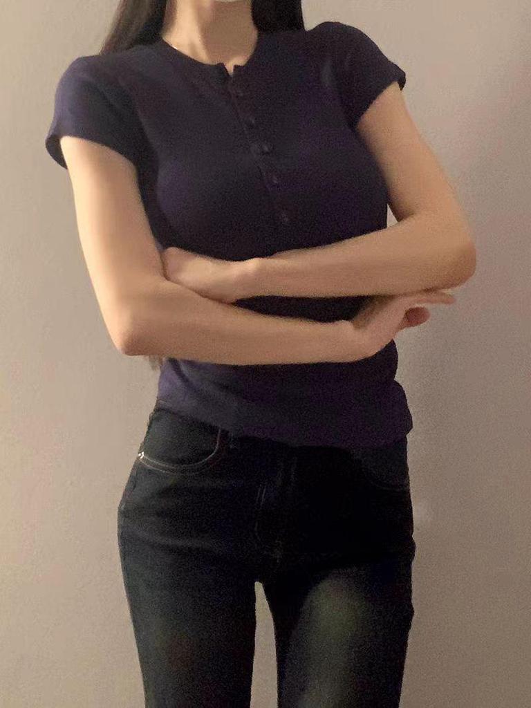 Women's Summer Shoulder Design Slim Fit Round Neck Short-Sleeved T-Shirt