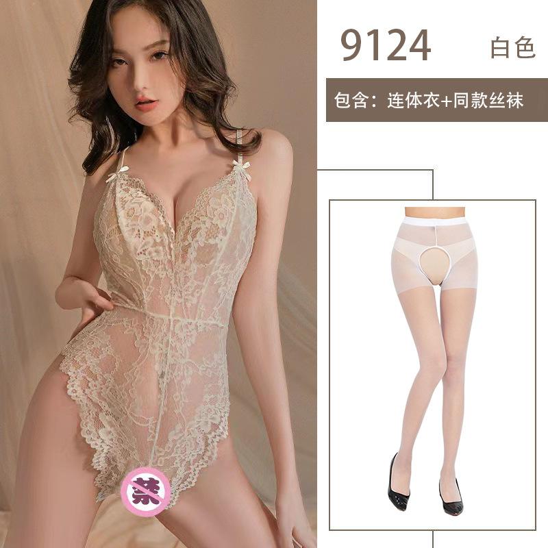 Sexy Lingerie One-piece Lace Temptation Hot Hollow Perspective Open File Free Onesie Women