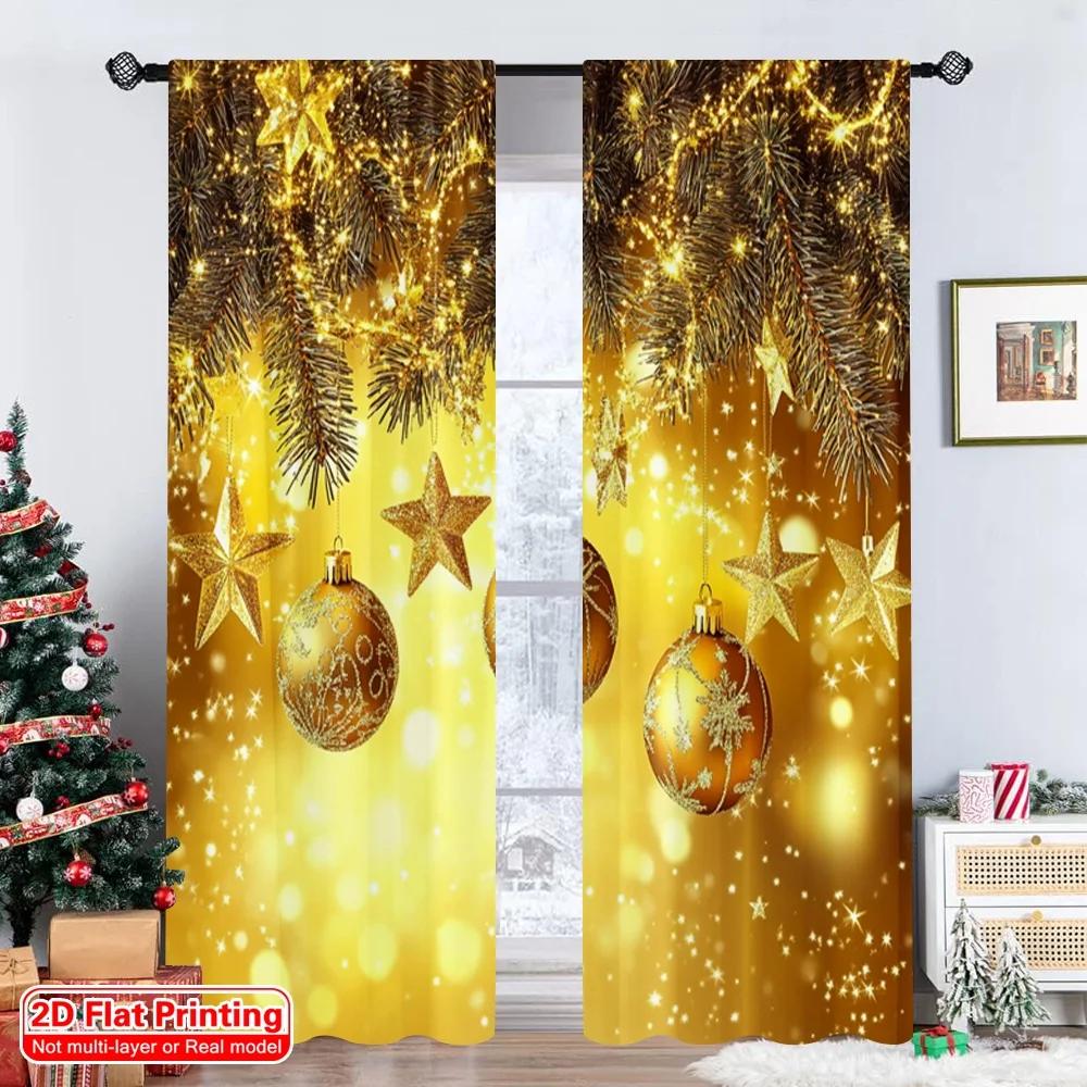 Set Of 2 Flat Printing Christmas Hot Party Curtains Golden Deluxe Ball Scopic Stylish Polyester Fiber Spring Curtain
