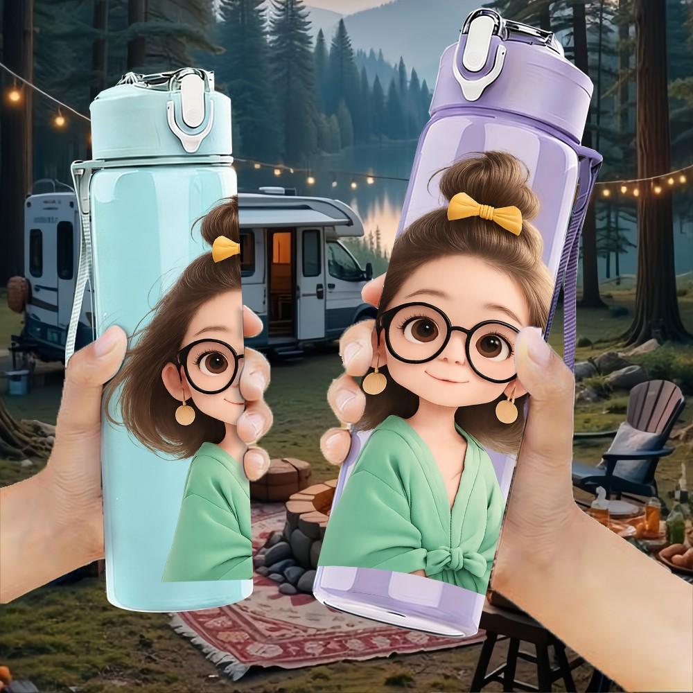 1PC Glasses Girl Reading Book Print 750ml Color Plastic Sports Water Bottle Leakproof Flip Straw Lid Suitable for Sports Office Home Use