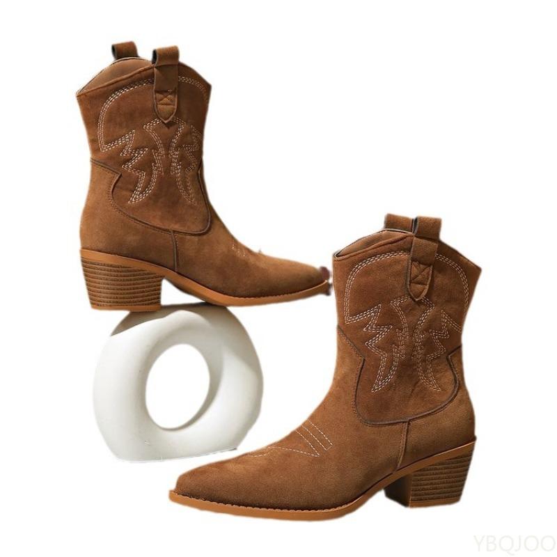 Spring New Fashionable Versatile Embroidered Elegant Minimalist Pointed Shoes Chunky Heel Boots Retro Women's Short Boots