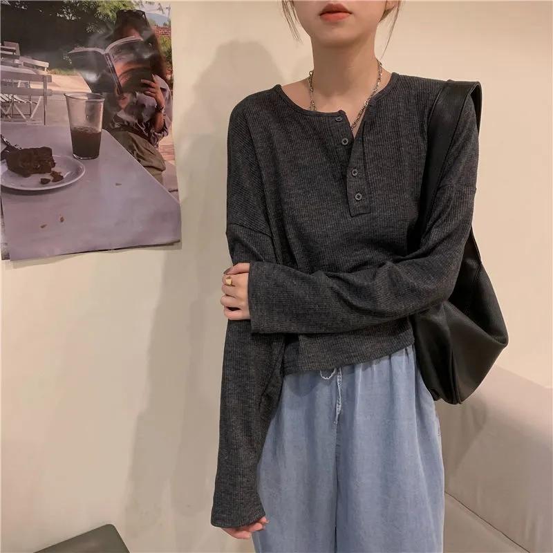 WTEMPO Women Long Sleeve Casual T-Shirts Elegant Simple Solid Button Design Retro Ins Spring Ladies Tees Loose All-match Tops