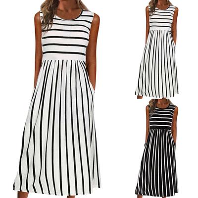Women's Casual Stripes Printed Sleeveless Sling Round Neck Dress Dress