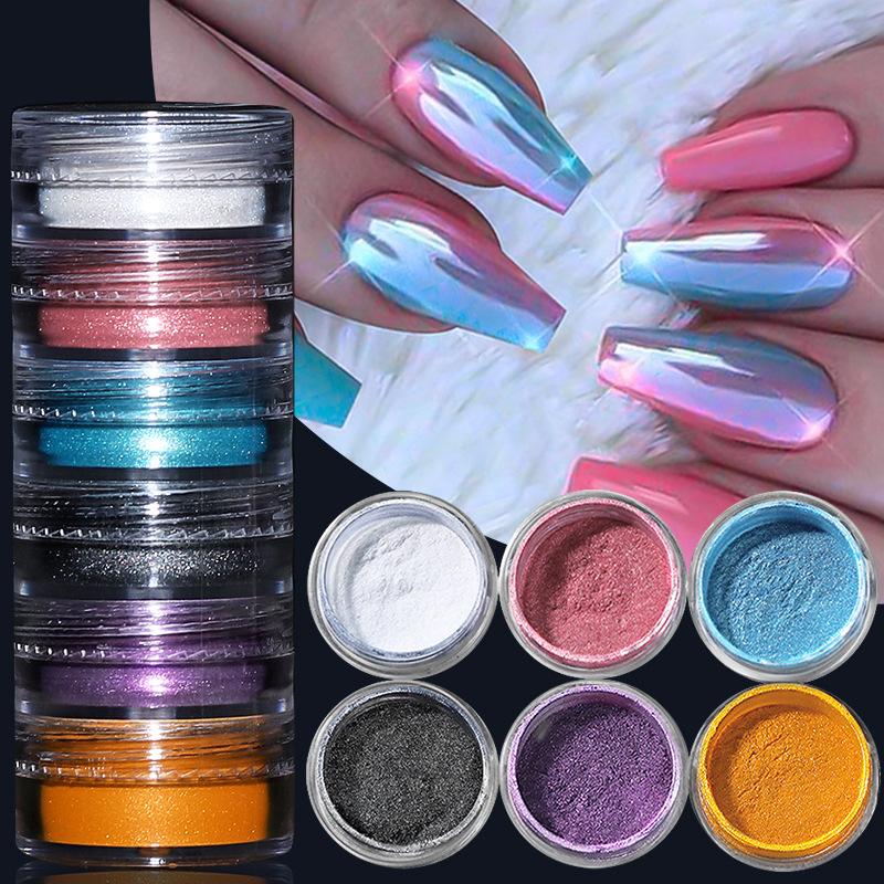 Nail Art Allmählich wechselndes Perlenpulver, 6 Schachteln Neonspiegel, magischer Spiegelpulver, fluoreszierender magischer Nagelglitzer