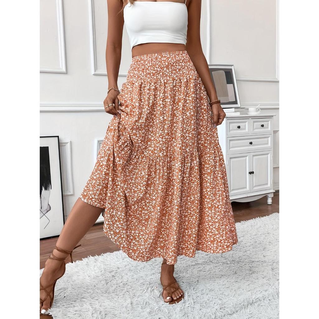 Women's Casual Ditsy Floral Elastic Waist Pocket Skirt, Suitable for Casual Commuting Wear