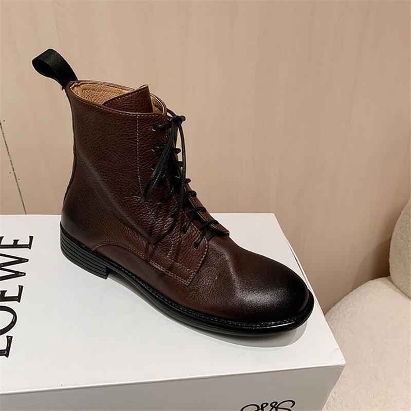 Moda 2025 Nuevas Botas de Mujer Otoño/Invierno Punta Redonda Tacón Grueso Moda Botines Cortos de Piel Genuina para Mujer Hechos a Mano Retro Tacones Bajos