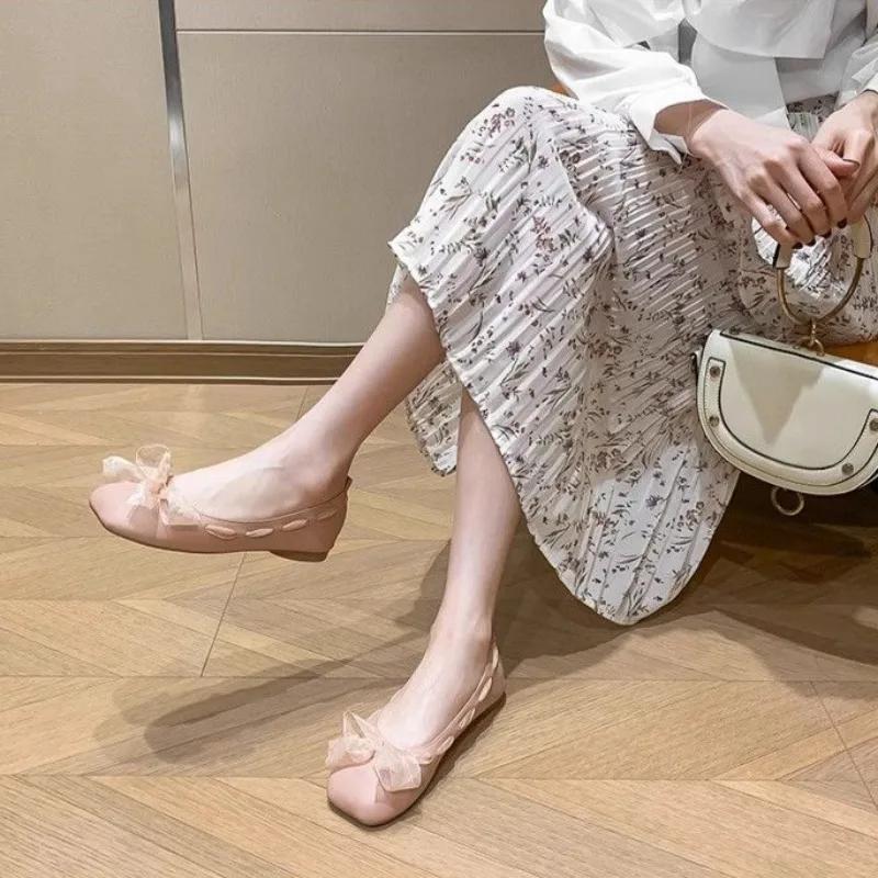 Fashion Mary Jane Women's Flat Shoes with Bow Square Toe Ladies Footwear Japanese Style Lolita Gothic Wholesale Popular On Sale Y2k Slip