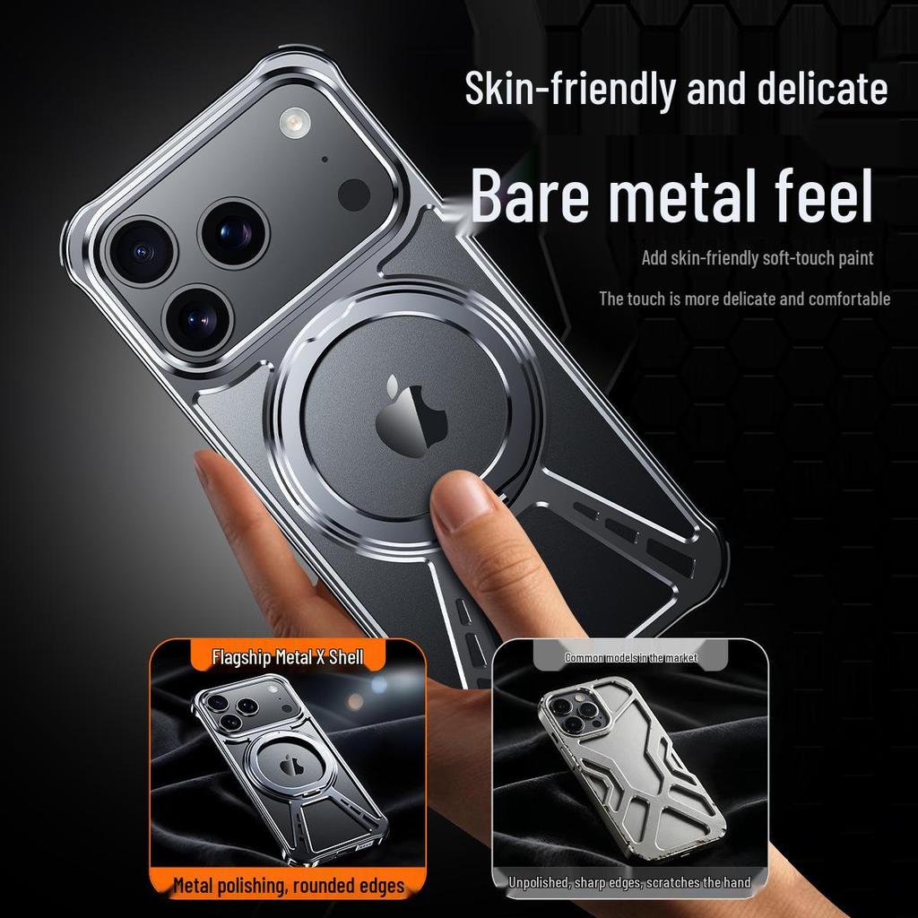 Compatible with iPhone 17 Air: Metal Hollow Heat-Dissipating Magnetic Stand Case for Apple 15/16 Pro Max.