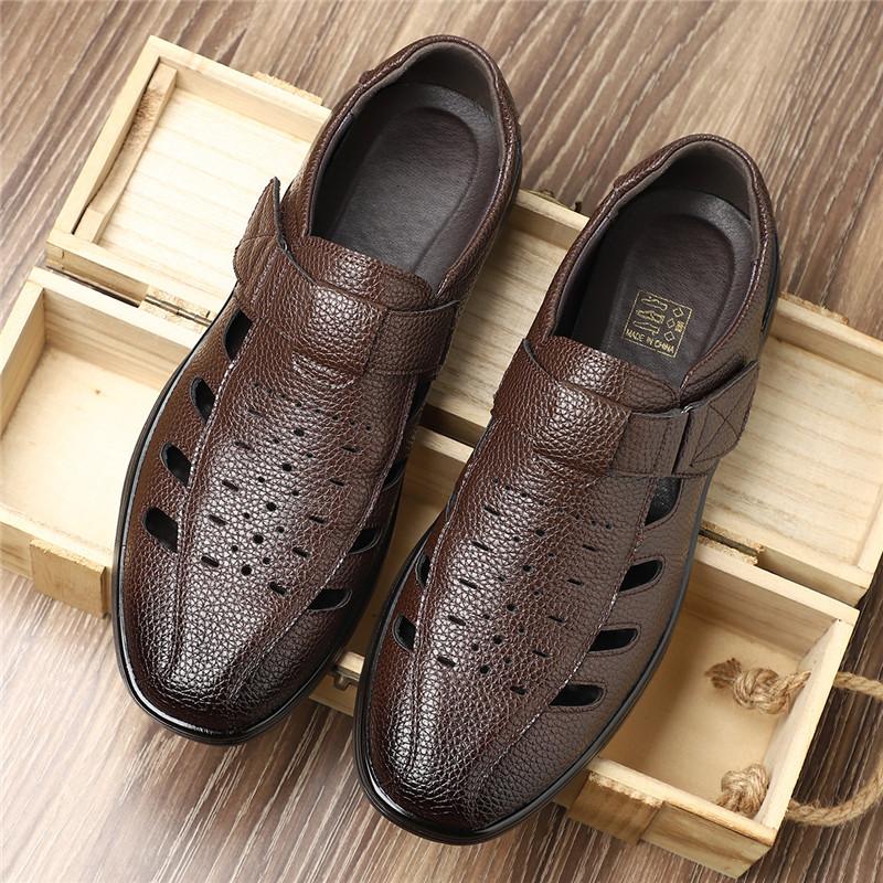 Summer Fashion New Men's Leather Breathable Casual Hole Shoes Father Anti-slip Soft Bottom Father Hollow Out Leather Sandals