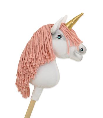 Hobby Horse Unicorn On a Stick, Small White, with a Dusty Pink Mane and a Golden Horn
