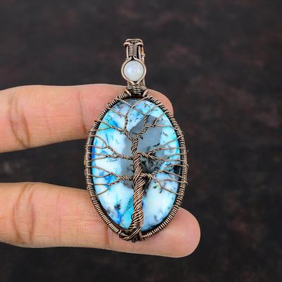 Tree Of Life Blue Dendrite Opal Gemstone Pendant Copper Wire Wrapped Pendant Moonstone Copper Jewelry Handmade Designer Pendant Gift For Him