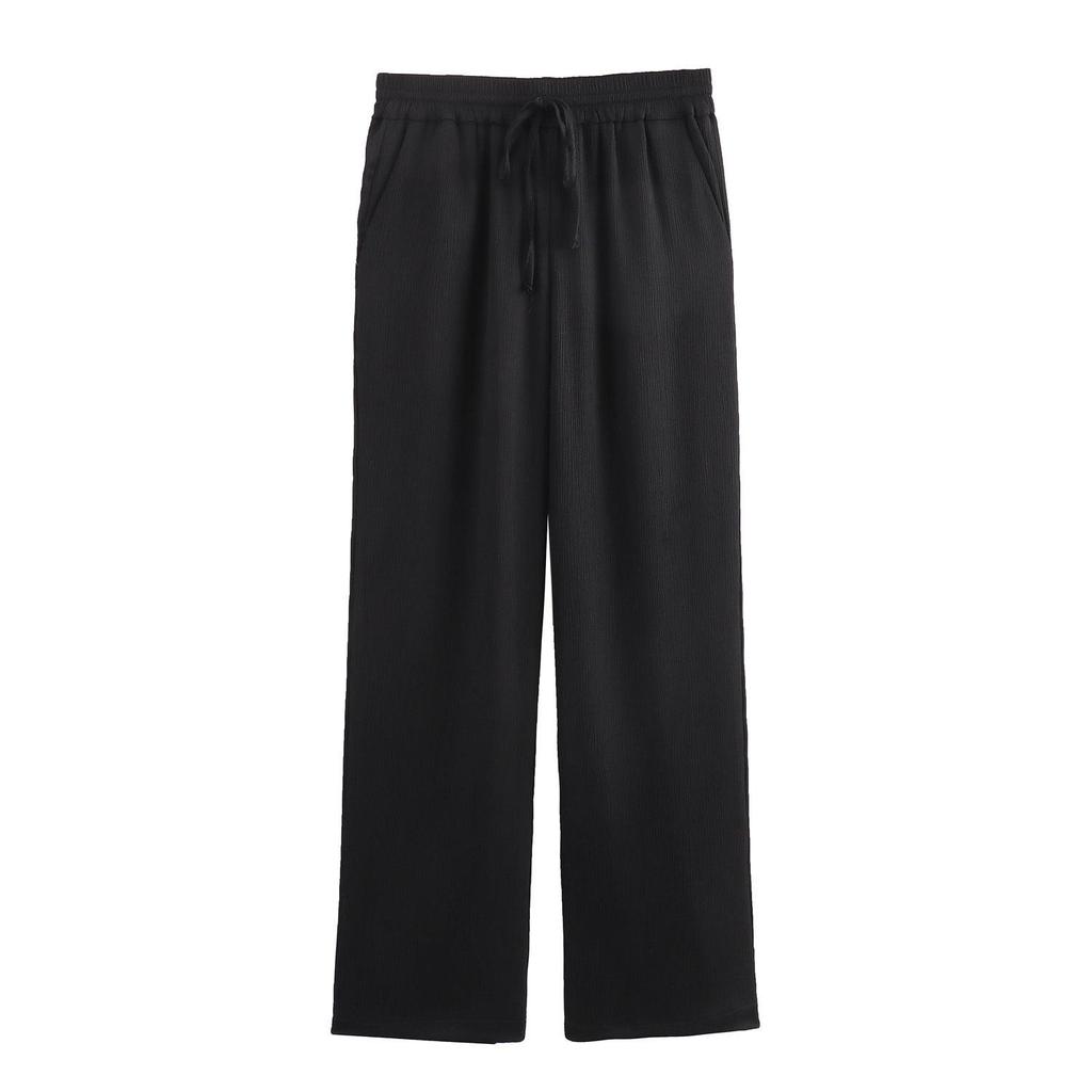 Women's Casual Crinkle Double-Breasted Blazer + High-Waisted Long Pants