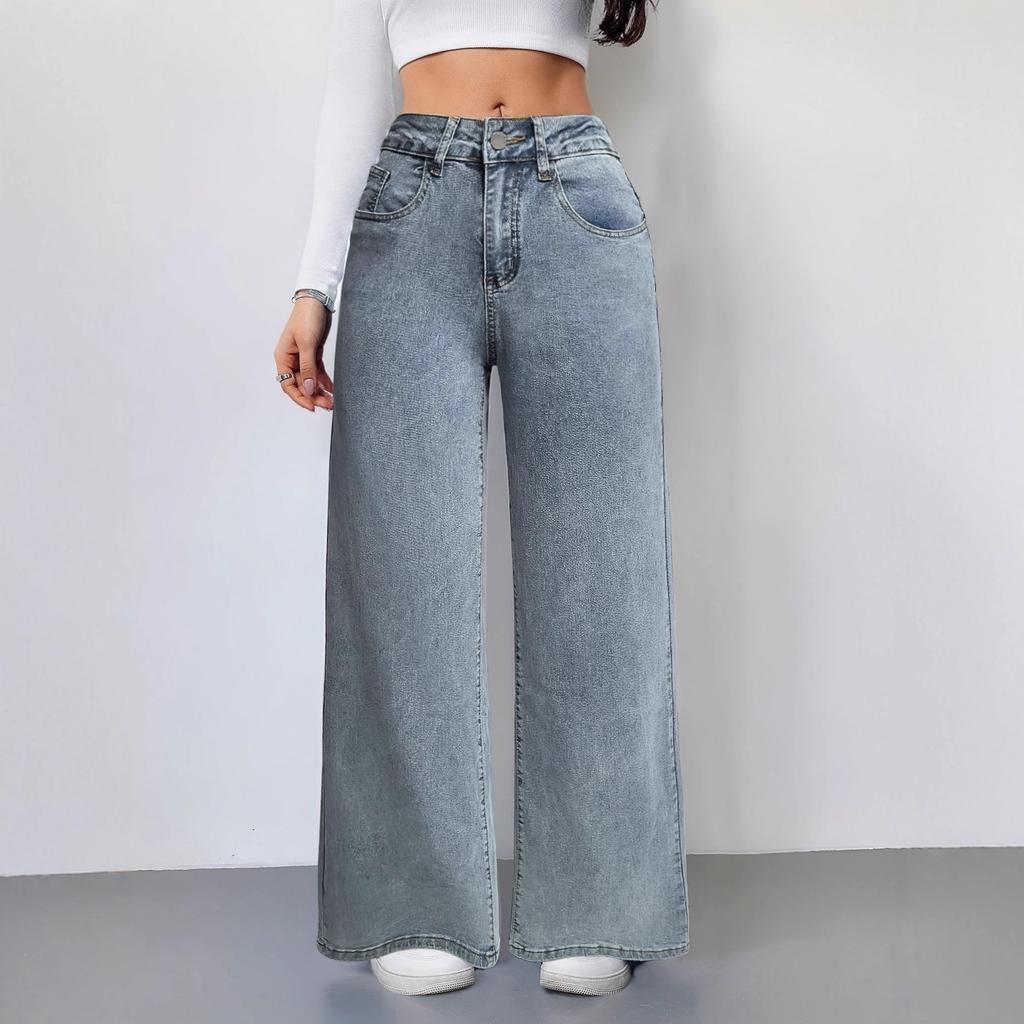 Neue lockere High-Waist Wide-Leg Jeans mit rosa Schleifenstickerei an der Gesäßtasche für Damen
