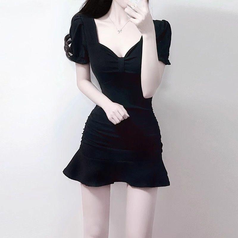 Black Knit Fabric Short Sleeve Mermaid Skirt With Ruffles For Summer Casual Wear