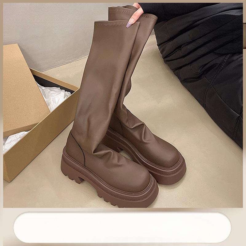 Thick-soled boots women's 2025 autumn new tall stacking boots increase height small thin boots Spice girl knight boots
