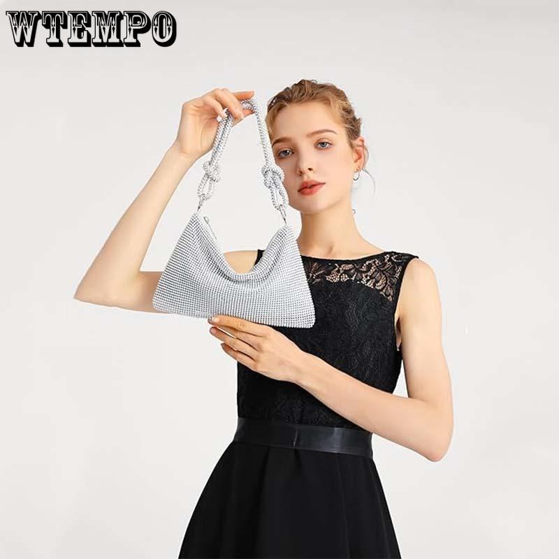 WTEMPO Solid Color Shiny Bags with Handle Sparkling Rhinestone Evening Party Bags Women's Underarm Zipper Bags Perfect for Commuting and Shopping