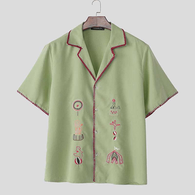 

INCERUN Summer Men Lapel Embroidery Buttons Up Casual Holiday Shirts S