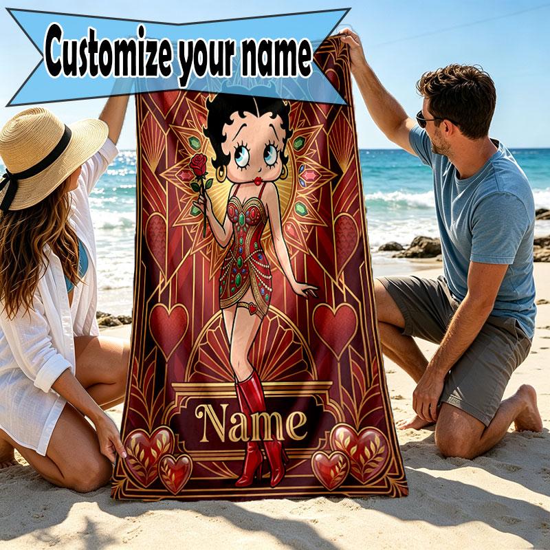 Custom Name Personalized Betty Boop Print Beach Towel, for Trip Camping Beach Party Home Decor, Birthday Gift for Family & Friends