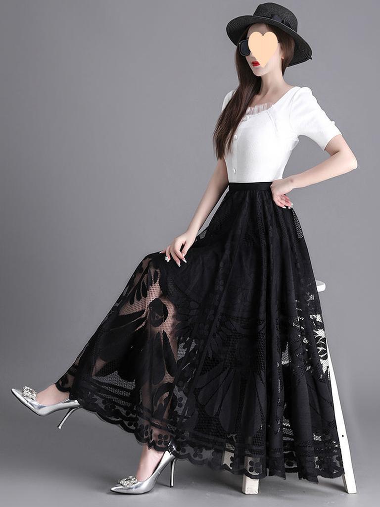 Trendy Lace Trim Long Maxi Skirt, Slimming Effect Mesh Fairy Ruffles Dress