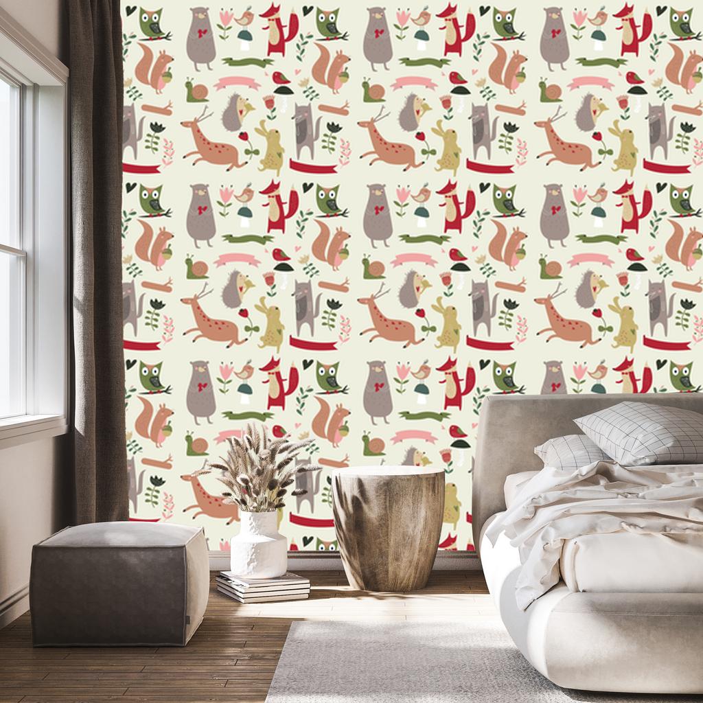Forest animals and hearts wallpaper for living room and bedroom 50x1000