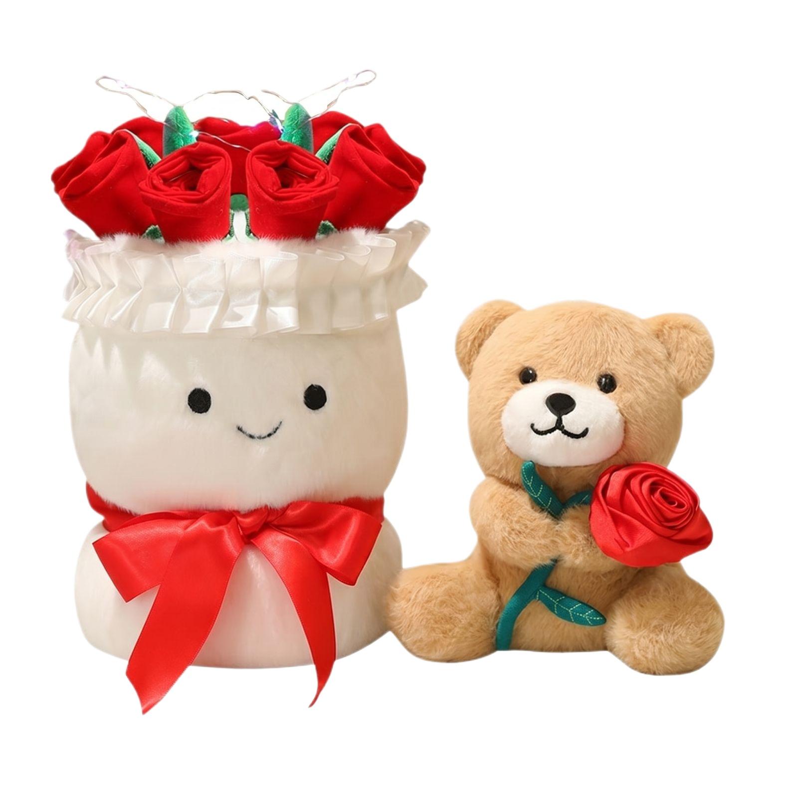 

Plush Bouquet with Artificial Rose Flowers and Soft Teddy Bear Toy Set Decorative Stuffed Animals for Home Office and Gift Giving One Size білий