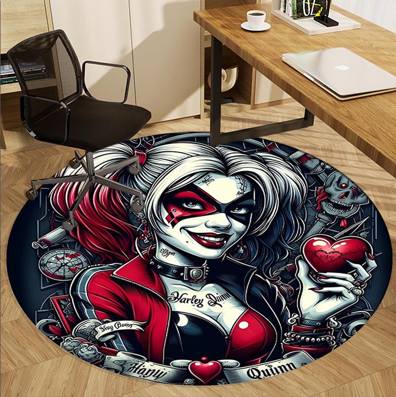 Harley Quinn Joker Pattern Round Rug, Indoor/Outdoor Mat, for Picnic, Gameroom, Bedroom, Office, Living Room, Home Decor Carpet, Birthday Gift