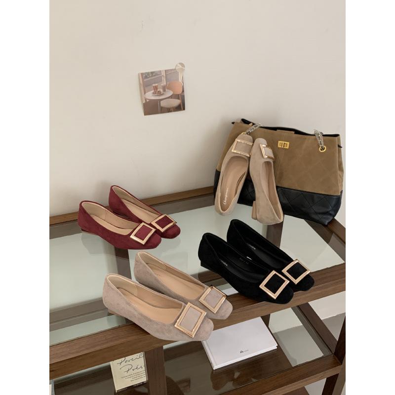 2025 New Korean Version Square Buckle Velvet Square Head Low Heel Single Shoes Burgundy