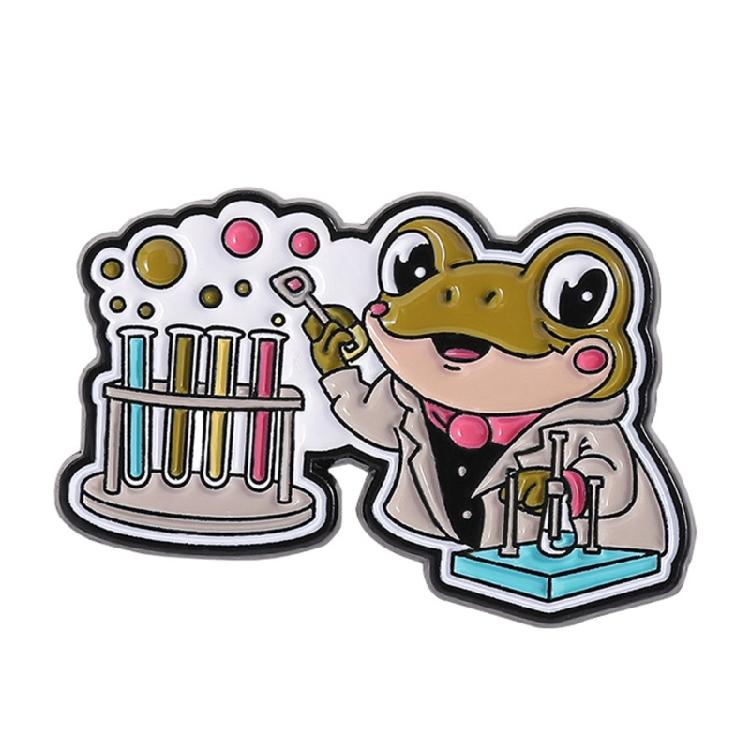 

Alloy Crafted Cartoon Frogs Chemist Laboratory Accessory Brooch Featuring Microscope Test Tube Detail