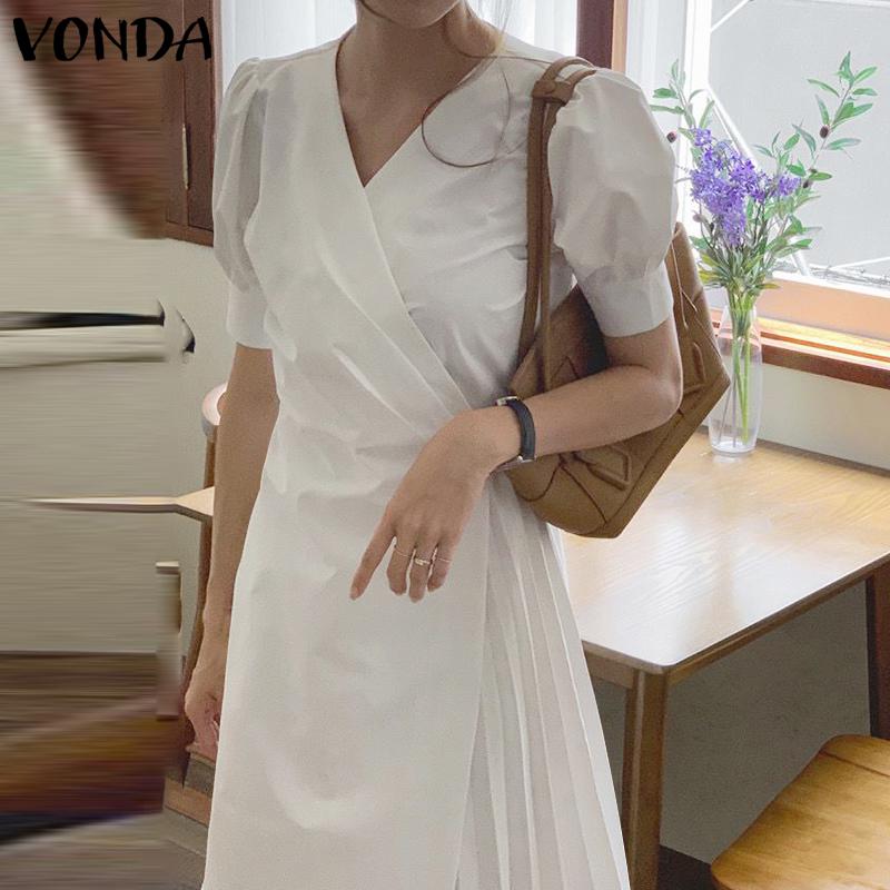 

VONDA женские однотонные свободные платья с v-образным вырезом и короткими рукавами, плиссированные подол