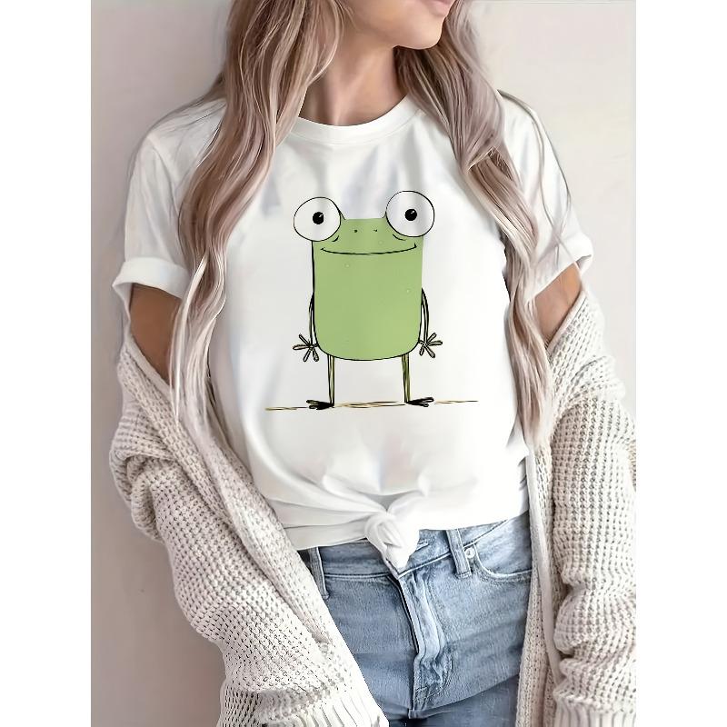 Lässiges und stilvolles abstraktes Cartoon-Frosch-Grafik-atmungsaktives bedrucktes Rundhals-Kurzarm-T-Shirt, ein neues Sommer-Damen-Kurzarm-Oberteil für die Freizeit