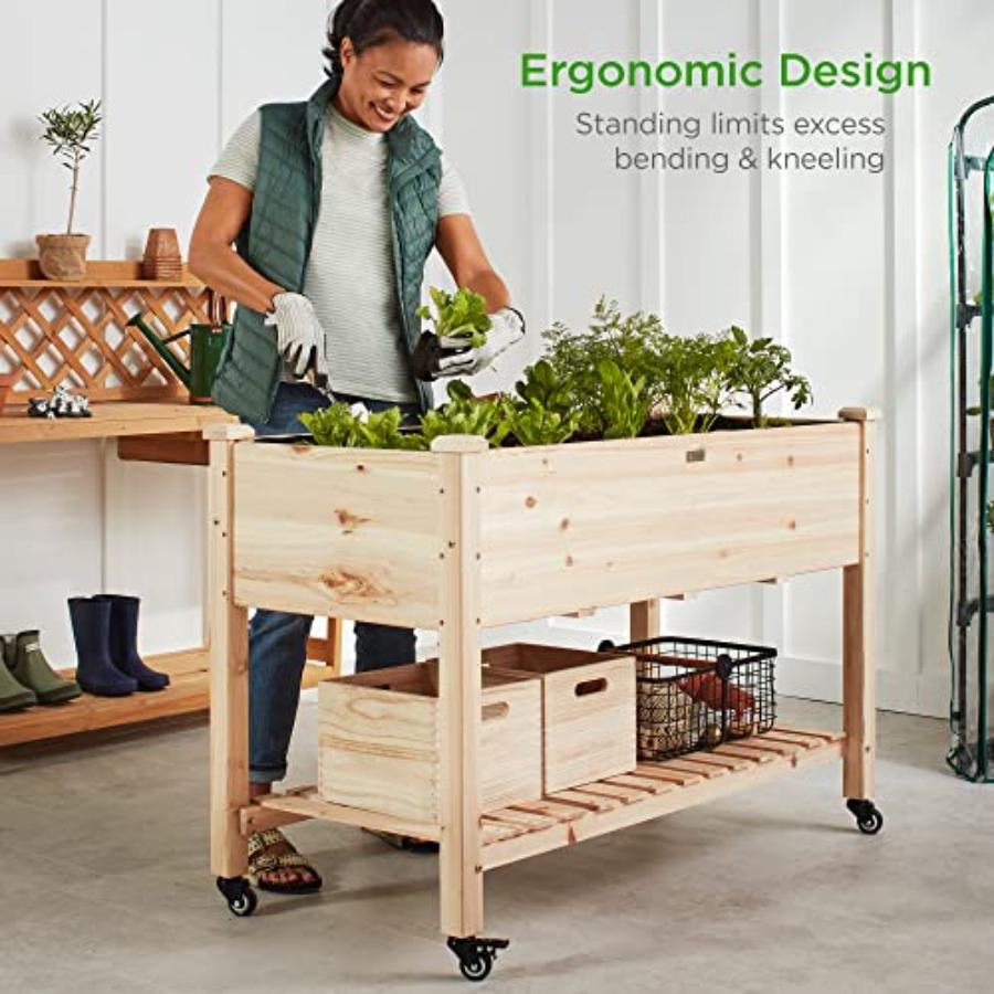 Raised Garden Bed 48x24x32-inch Mobile Elevated Wood Planter with Lockable Wheels and Storage Shelf Natural Color Durable Wood