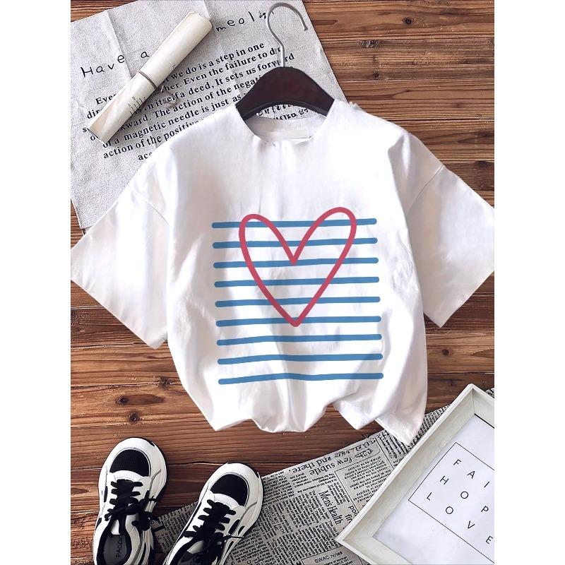 

Womens Casual Short Sleeve Crew Neck TShirts Graphic Print Tops with Heart Stripes Design Comfort for Summer Aesthetics Tops S
