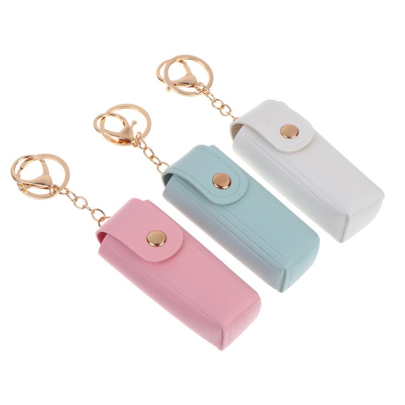Solid Color Pu Leather Portable Mini Lipstick Pouch Keychain Mirror Pendant Keyring Fashion Storage Bag Women Makeup Accessories